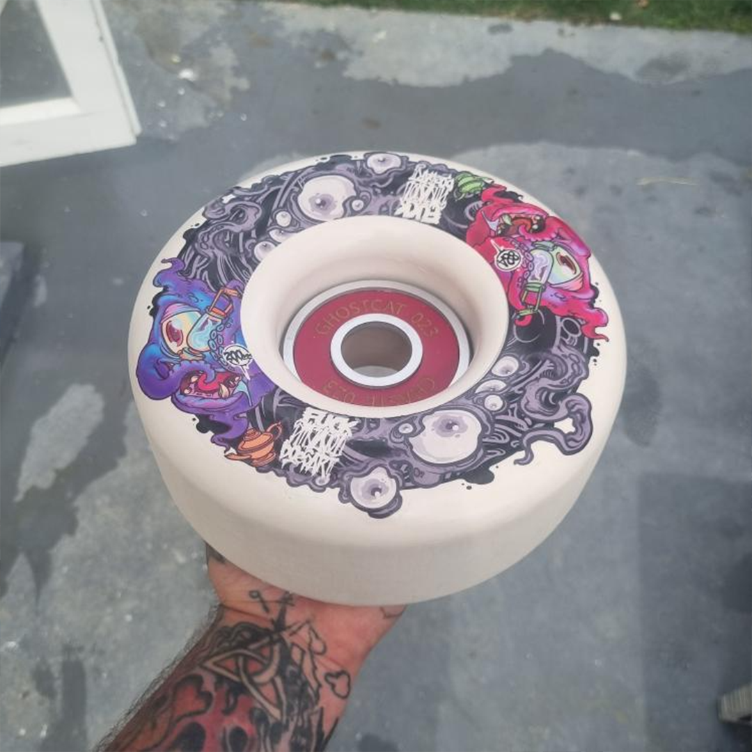 Ghostcat Mike Beer artist wheels Freestyle Art Skate Deck Group Show exhibition at Limn Gallery Auckland New Zealand Skateboarding